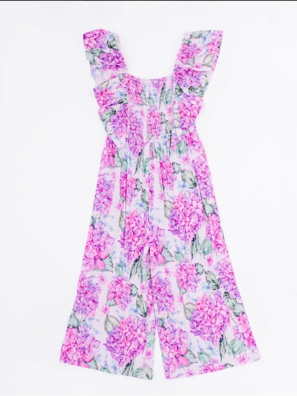 Girls Floral Pink Jumpsuit with Ruffled Straps You Had Me at Hydrangea